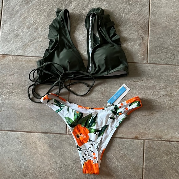 Olive and Floral Ruffle Lace Up Bikini - Picture 1 of 5